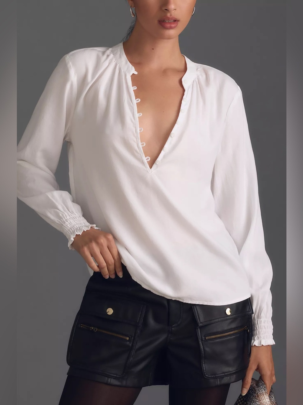 Cloth & Stone Aria Henley Blouse Small White Tencel Smocked Cuff Anthropologie